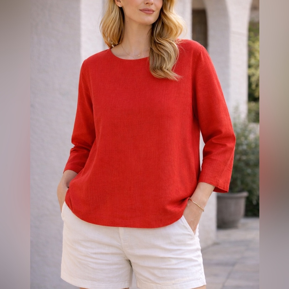 Eileen Fisher Red Linen Boxy Top 3/4 Sleeve Keyhole Back Size M